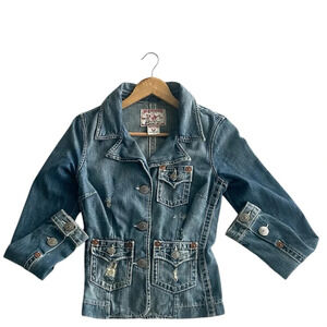 Vintage Early 2000s (Y2K) True Religion Distressed Moto Blue Denim Jacket